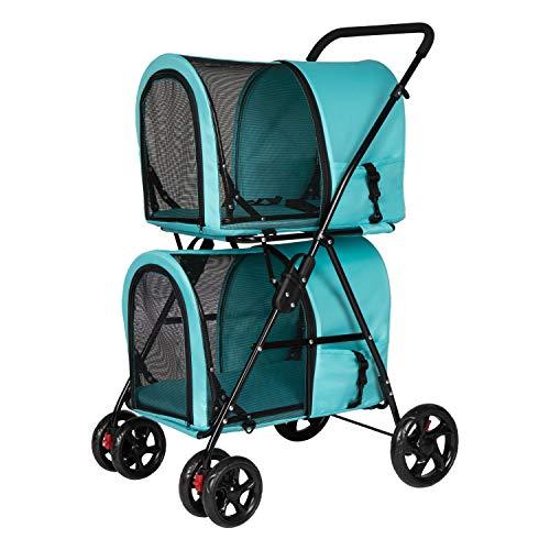 Double Layer Pet Stroller 4 Wheels for Small Medium Dogs and Cats, Large Space Dog Cart with Detachable Carrier Easy One-Click Folding Folding Two-Way Import and Export
