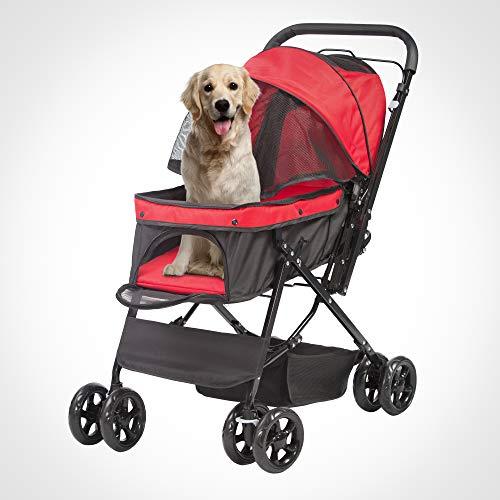 LONABR Folding Dog Stroller Travel Cage Stroller for Pet Cat Kitten Puppy Carriages - Large 4 Wheels Elite Jogger - Single or Multiple Pets (Red - 1 cage)