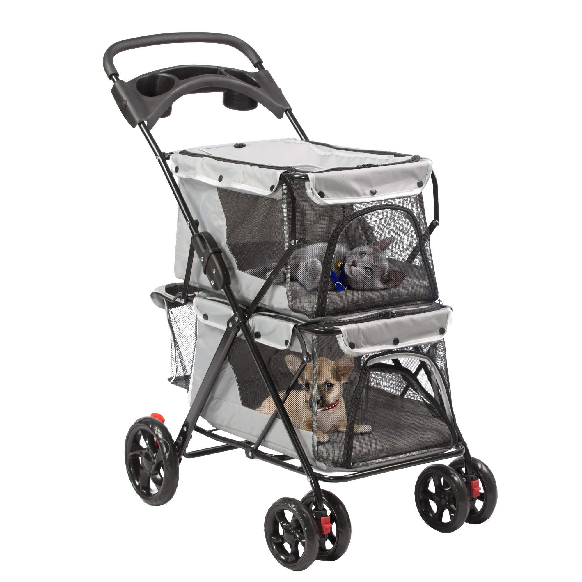 Koreyosh 4 Wheels Pet Stroller Dog Stroller Cat Stroller for Small Pets Puppies and Kitty Double Deck Folding Pet Stroller,Great for Twin or Multiple Pet Travel