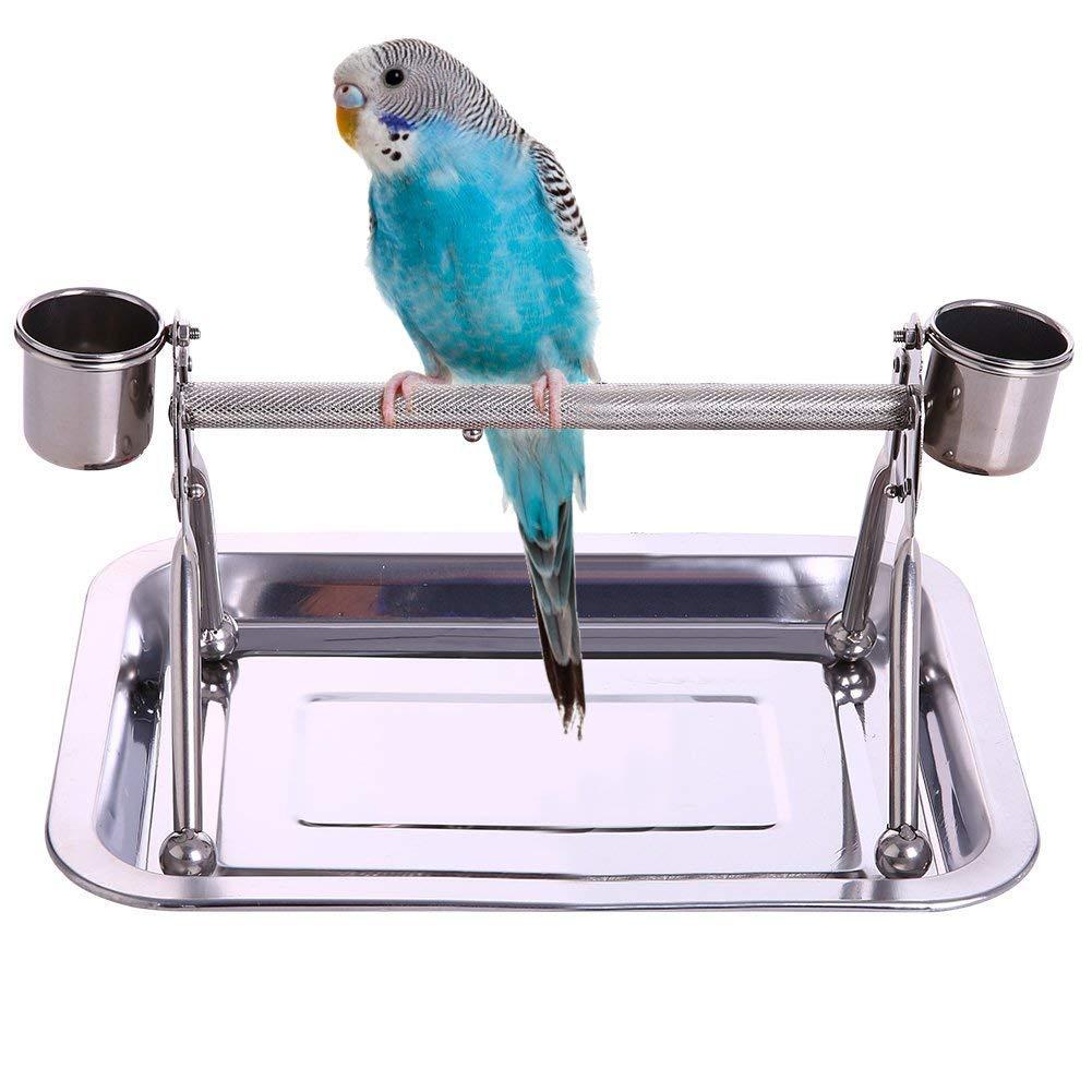 Bird Stainless Steel Perch Stand Parrot Stand Rack Toys Pet Platform Ladders Exercise Playstand with Feeder Cups Tray for Budgie Parakeet Cockatiel Conure Finch (The Tabletop Perch Stand)