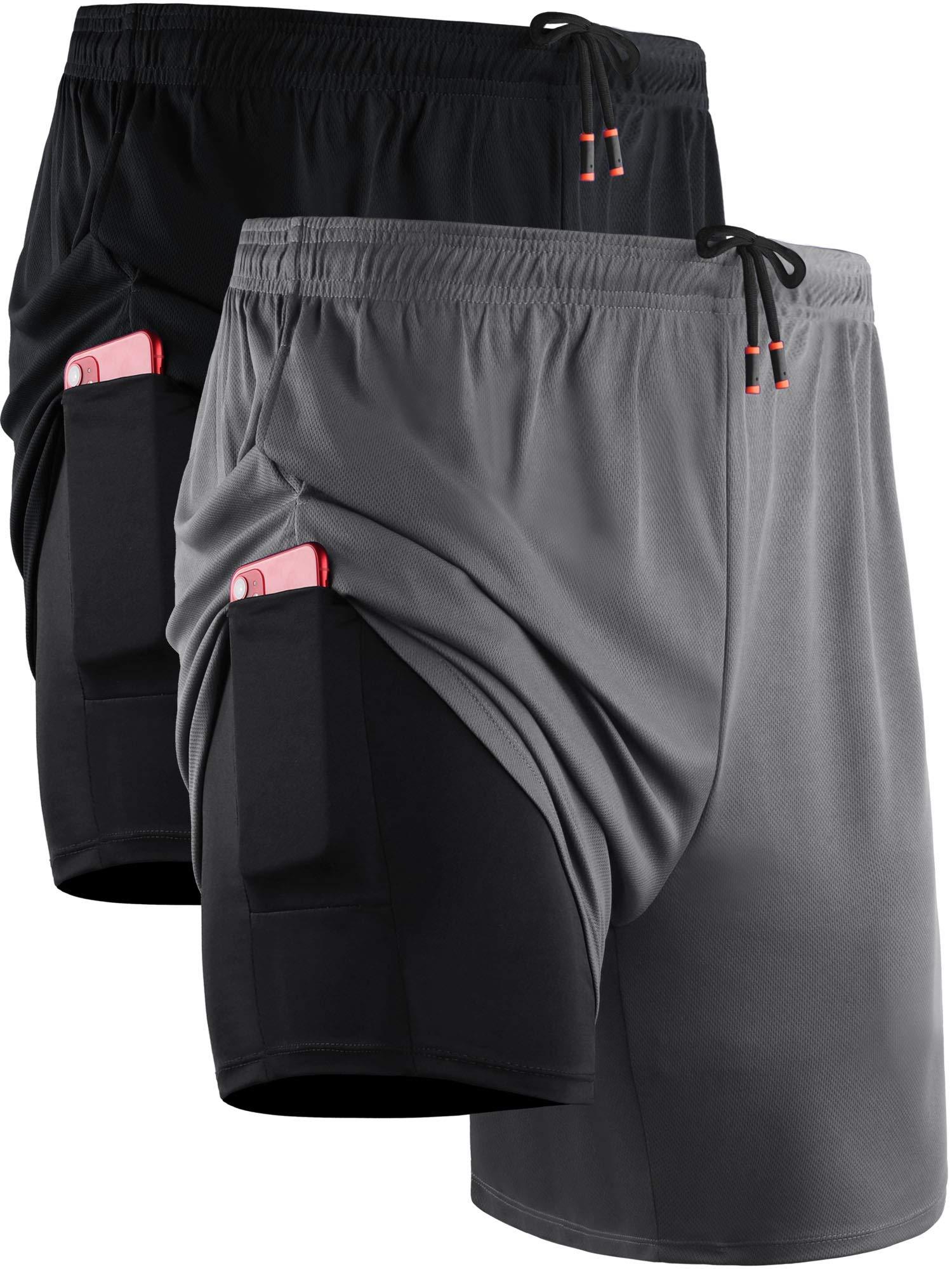 Neleus Mens 2 In 1 Running Shorts With Liner,Dry Fit Workout Shorts With Pockets,6070,2 Pack,Blackgrey,Us M,Eu L