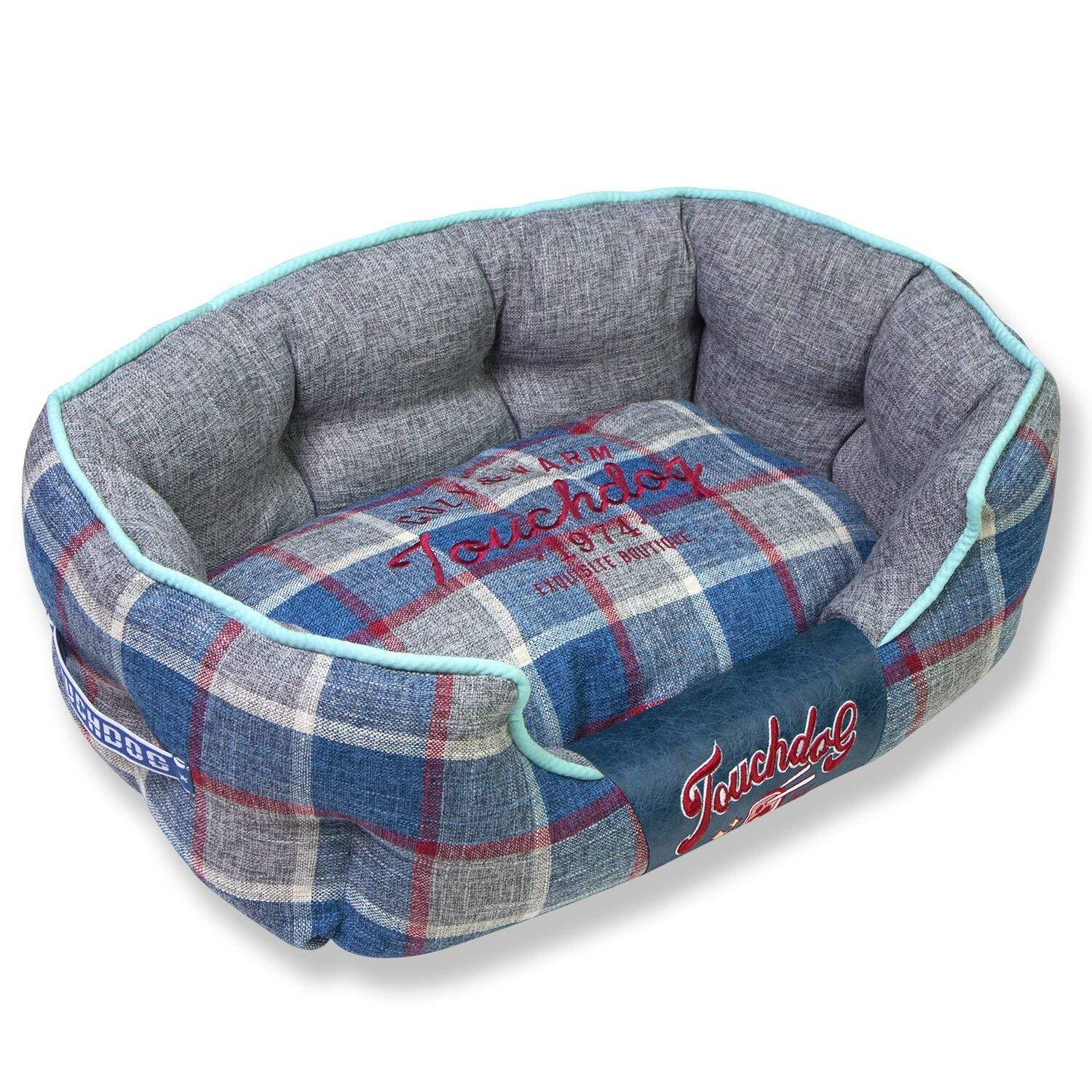 Touchdog \\\'Archi-Checked\\\' Designer Plaid Oval Dog Bed, Medium, Blue