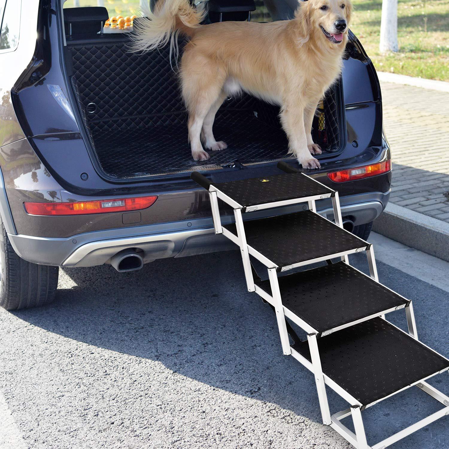 Portable Dog Car Step Stairs, Folding Dog Ramp for Large Dogs,Aluminum Frame Pet Stairs for Indoor Outdoor Use, Accordion Lightweight Auto Large Pet Ladder for Cars,Trucks,SUVs Cargo and High,4 Steps