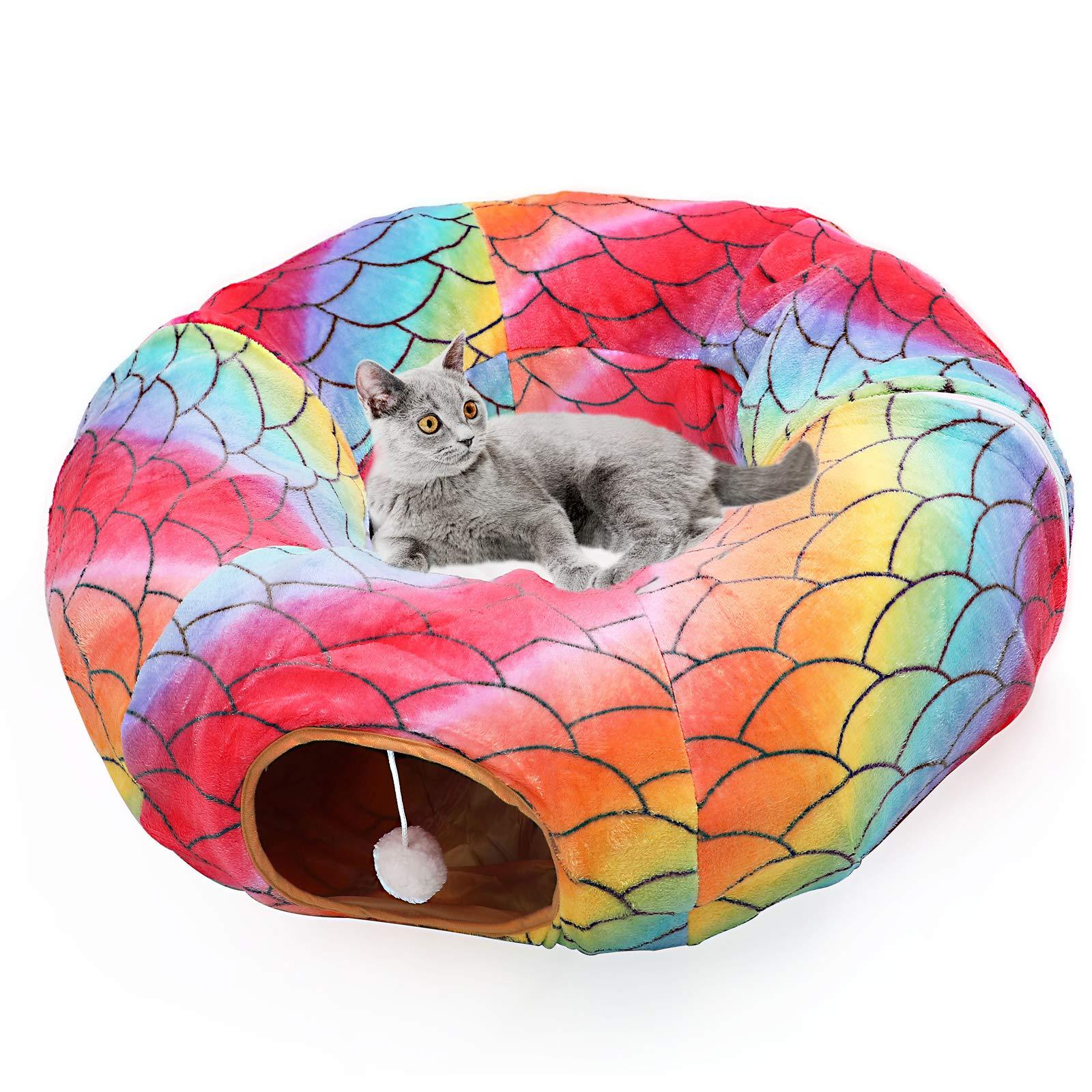 LUCKITTY Large Cat Dog Tunnel Bed with Washable Cushion-Big Tube Playground Toys Plush 3 FT Diameter Longer Crinkle Collapsible 3 Way,Gift for Small Medium Kitten Puppy Rabbit Ferret Outdoor Rainbow
