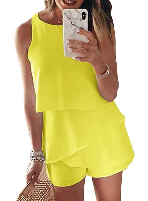 Dokotoo Womens Juniors Fashion 2023 Elegant Summer Cute Sexy Off The Shoulder Halter Neck Ruffle Chiffon Sleeveless One Piece Short Rompers For Women Jumpsuits Yellow M