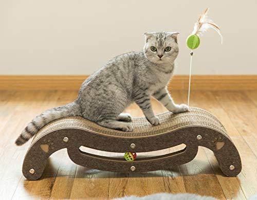 Corrugated Cardboard Cat Scratcher Lounge with Feather Hanging and Interactive Ball Toy
