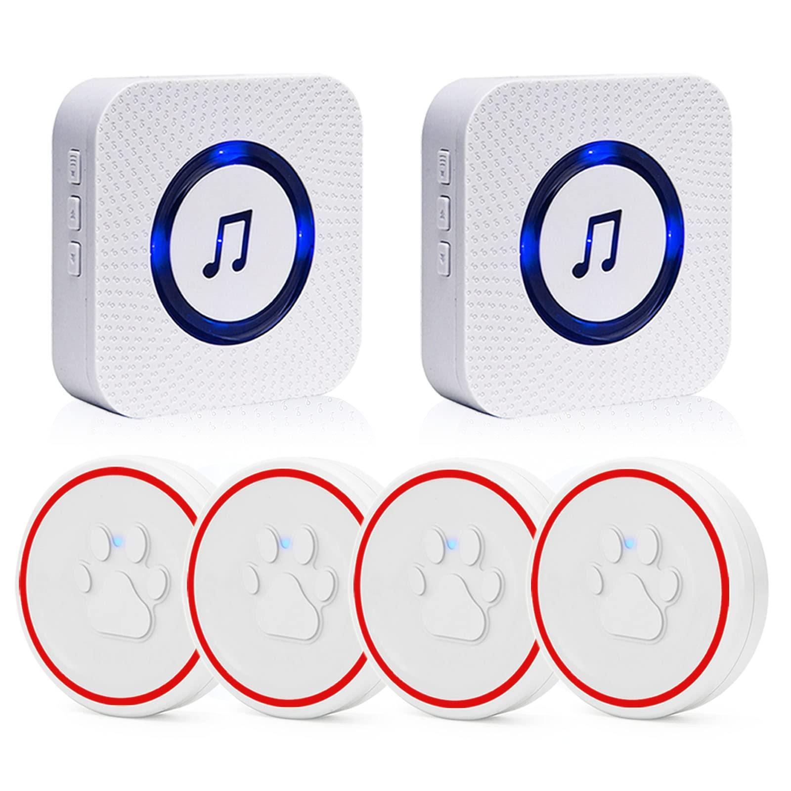 ChunHee Wireless Dog Doorbells for Potty Training Doggies Door Bell for Doggie Training Waterproof Touch Button 52 Melodies 5 Volume Levels LED Flash, 2 Receiver + 4 Transmitters