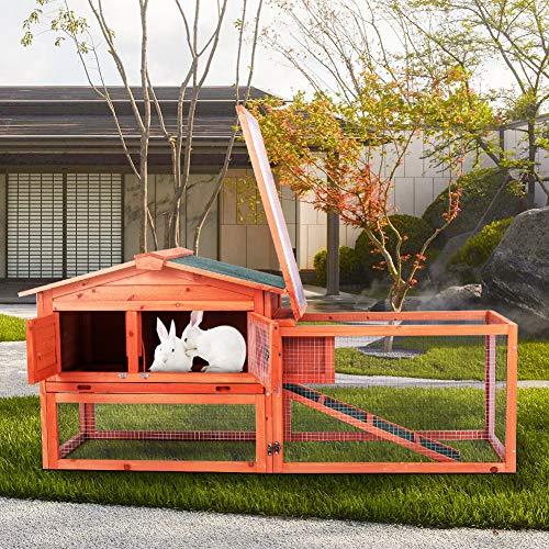 LinkRomat Rabbit Hutch Pet House, Rabbit Cage, Outdoor Large Wooden Bunny House with Ventilation Door, Removable Tray and Ramp for Small Animals with Run Bunny House Indoor & Outdoor, Orange
