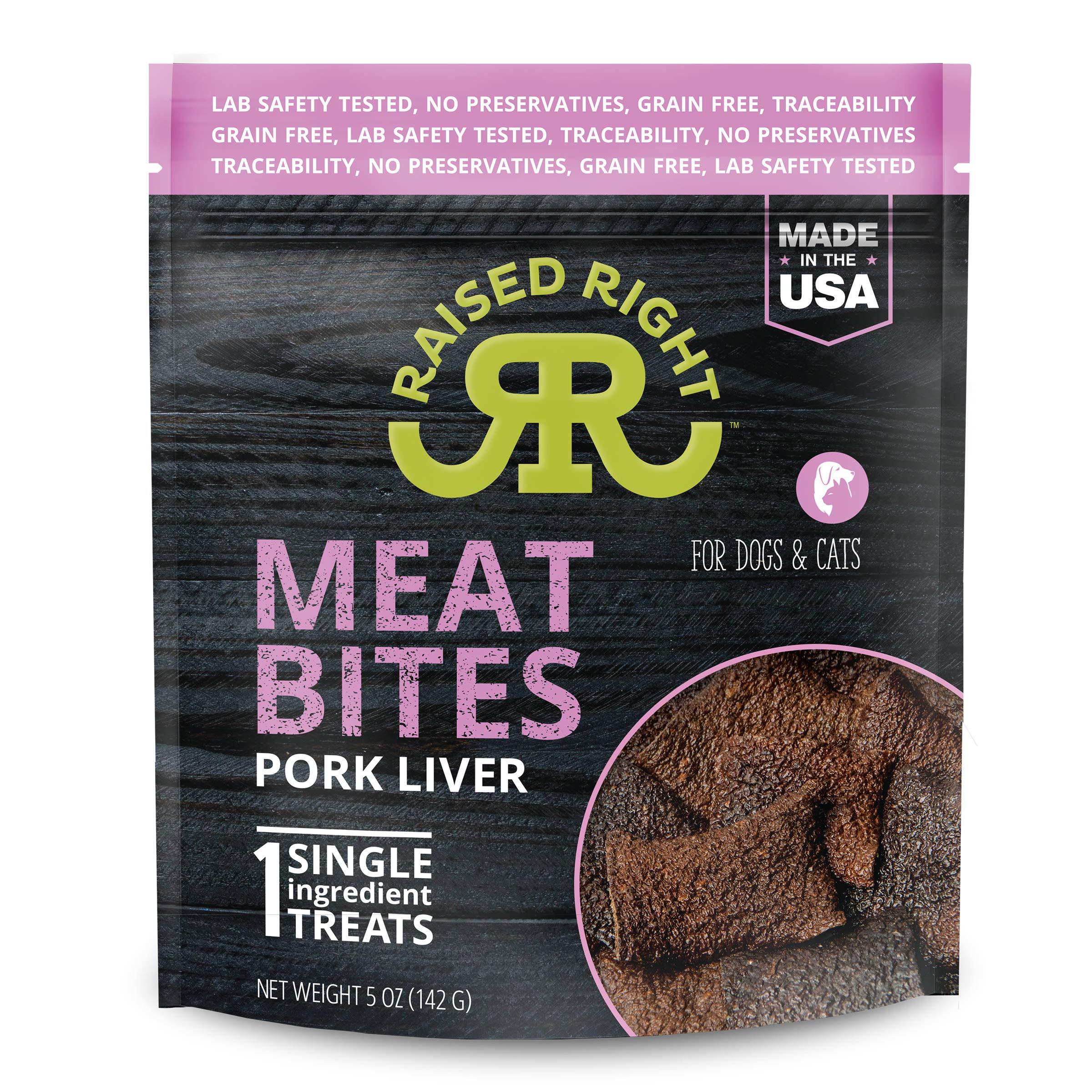 Raised Right Pork Meat Bites, Single Ingredient Liver Treats for Dogs & cats - 5 oz Bag