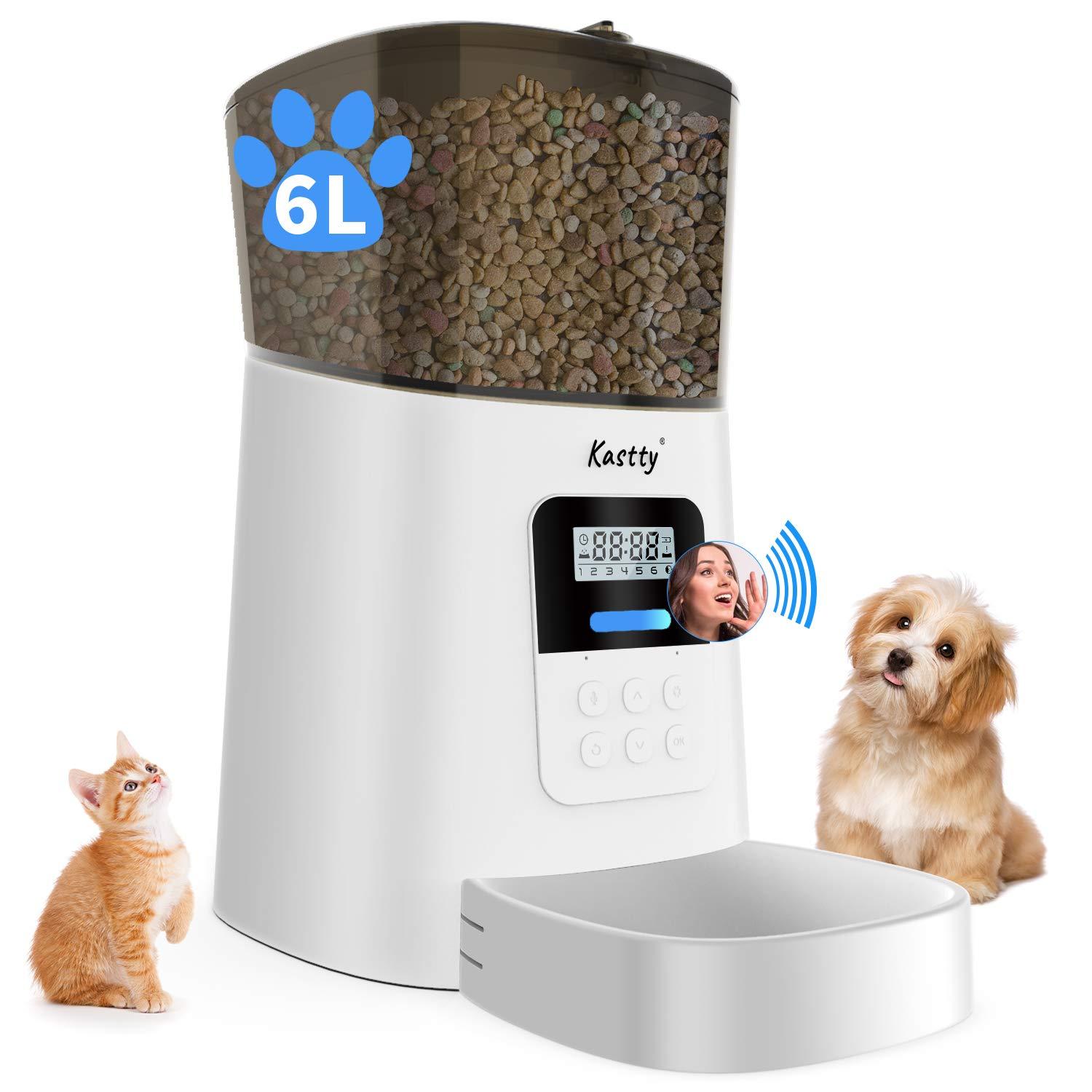 Kastty Automatic Cat Feeder, 6L Dog Food Dispenser for Small Pets, 50 Portions Control for Small & Medium Pets, Voice Recorder and Programmable Timer for up to 6 Meals Per Day