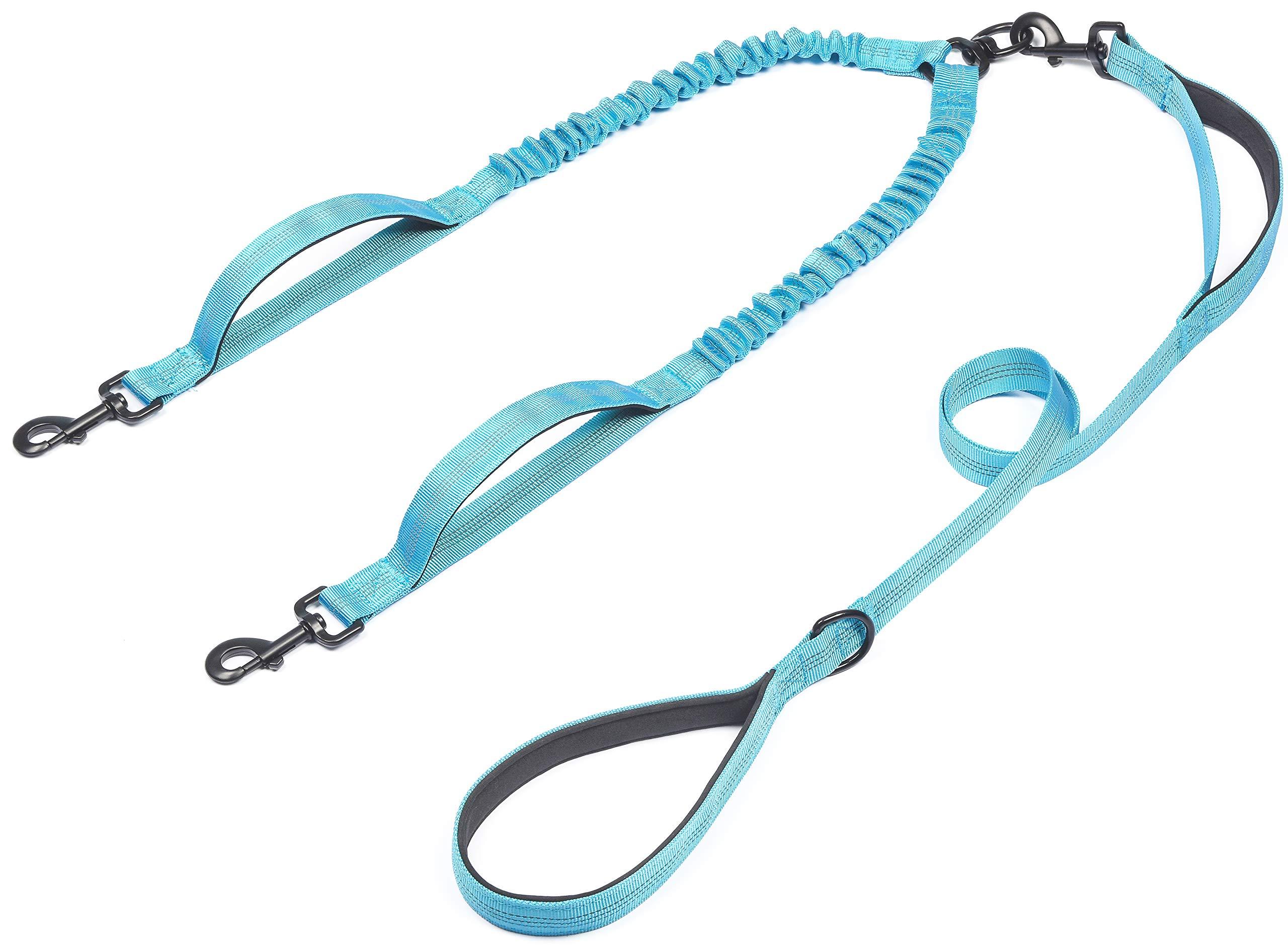 iYoShop Double Dog Leash with Three Extra Traffic Handles, 360 Swivel No Tangle Dual Dog Walking Leash, Comfortable Shock Absorbing Reflective Bungee for Two Dogs(15-120 lbs, Blue)
