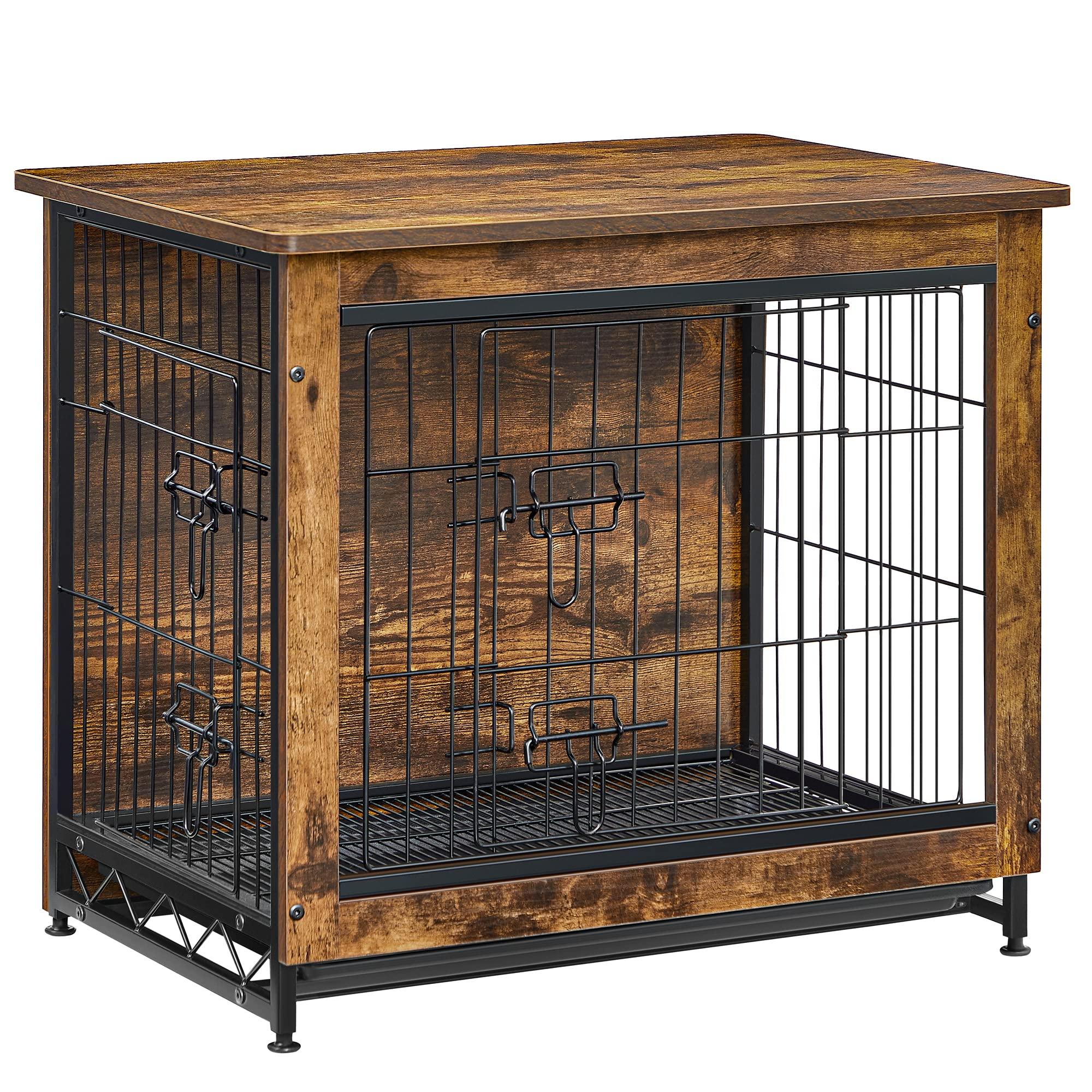 FEANDREA Dog Crate Furniture, Side End Table, Modern Kennel for Dogs Indoor up to 30 lb, Heavy-Duty Dog Cage with Multi-Purpose Removable Tray, Double-Door Dog House, Rustic Brown UPFC001X01