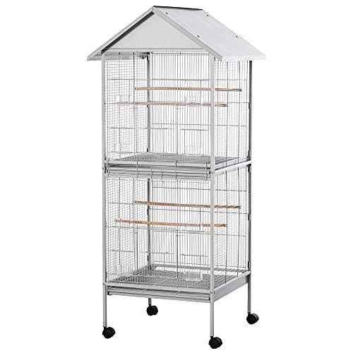 PawHut Wrought Metal Bird Cage Feeder with Rolling Stand Perches Food Containers Doors Wheels 67\\\