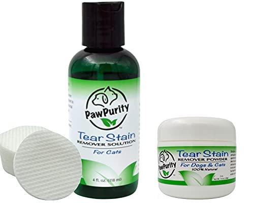PawPurity Tear Stain Remover Kit for Cats | Includes Tear Stain Remover Solution, Powder and Application Pads | 100% Natural | Tear Stain Removal Takes About 7-10 Days (60-90 Day Supply)