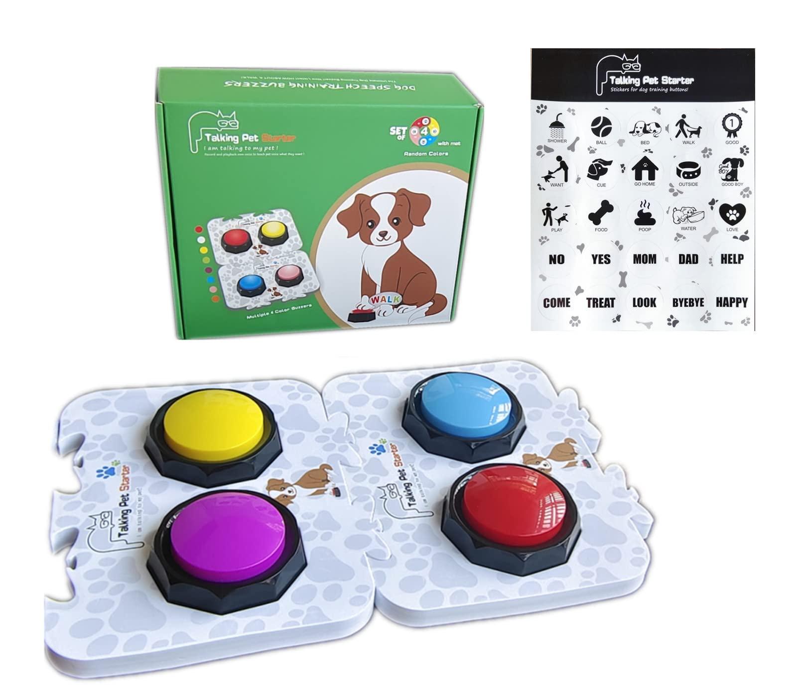 BOSKEY Set of 4 Dog Buttons?Including 2 mats, 25 Stickers, Training Guide.Dog Voice Training Buzzer,Recordable Button,Train Your Dog to Make The Sound They Want (Battery Included)