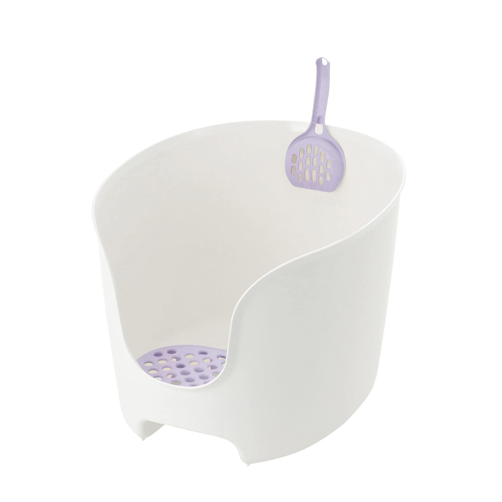 Richell PAW TRAX High Wall Cat Litter Box in White/Lavender, High Sides Cat Litter Box with Scoop