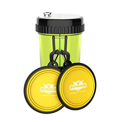 3-In-1 Travel Pet Feeding Containers-Complete 5-PC Set of 2 Collapsible Bowls, 1 Dual Sided Bottle for Food and Water, 2 Carabiner Clips by Petmaker