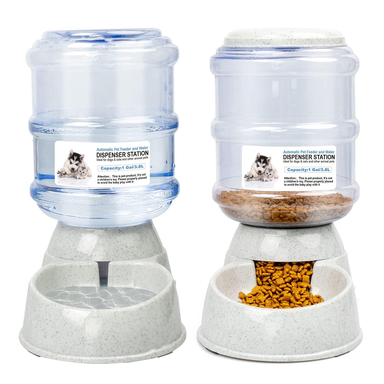 FAYDUDU Automatic Dog Cat Feeder and Water Dispenser in Set Pet Food and Waterer for Small Medium Pets Gravity Feeder Big Capacity 1 Gallon x 2