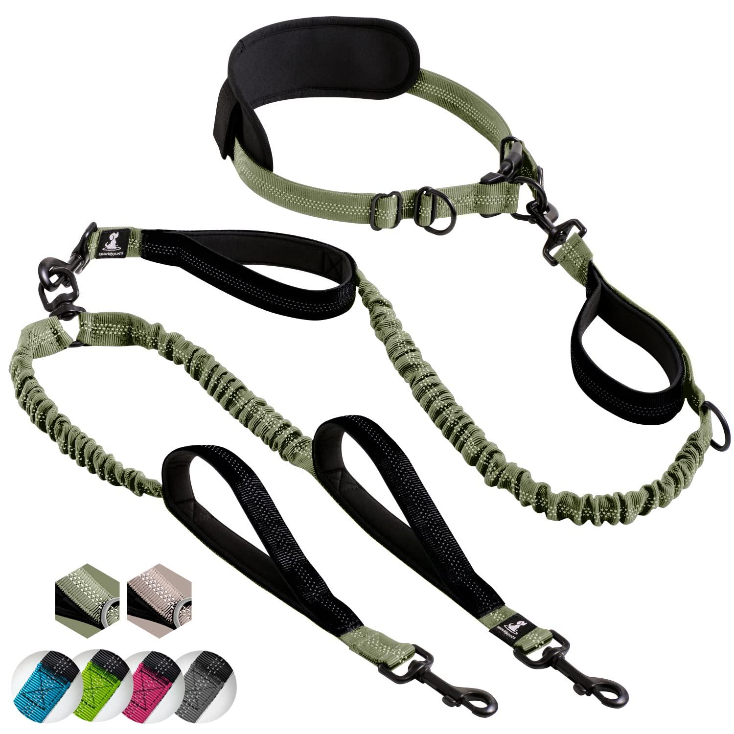 SparklyPets Hands Free Double Dog Leash - Dual Dog Leash for Medium and Large Dogs - Dog Leash for 2 Dogs with Padded Handles, Reflective Stitches, No Pull, Tangle Free (Green Range, for 2 Dogs)