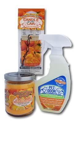 PET ODOR EXTERMINATOR Orange Lemon Splash Scent Candle, Fabric Spray, Car Hanger set