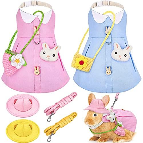 2 Sets Pet Rabbit Bunny Dress Small Animal Harness Vest and Leash Set Walking Vest Harness,with Mini Hat Bag Rabbit Brooch, Clothes for Rabbit Hedgehog Ferret Squirrel (Blue and Pink)