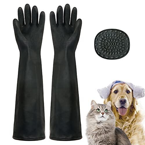 Sawakaze Animal Handling Protective Waterproof Rubber Gloves with Slow Food Pad, Ideal for Pet Bathing, Grooming, Feeding, 22 inch Extra Long