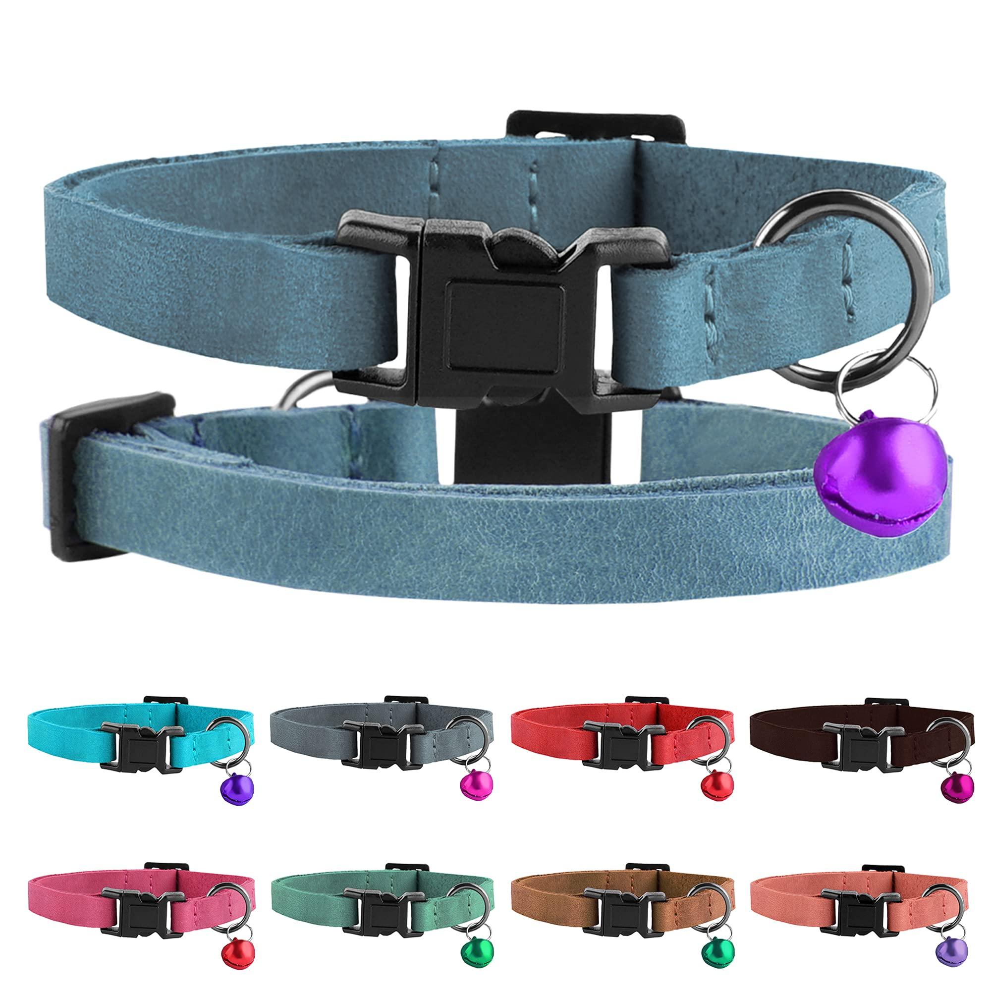 Murom Breakaway Cat Collar Leather Soft Adjustable Pet Kitten Collars with Bell Pink Brown Blue Green Red (Blue)