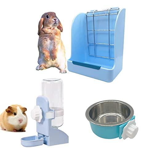 Mcgogo Guinea Pig No Drip Water Bottle and Food Bowl Rabbit Hay Feeder ?Hanging Automatic Rabbit Water Bowl and Food Bowl Guinea Pig Feeder for Small Animal Cage