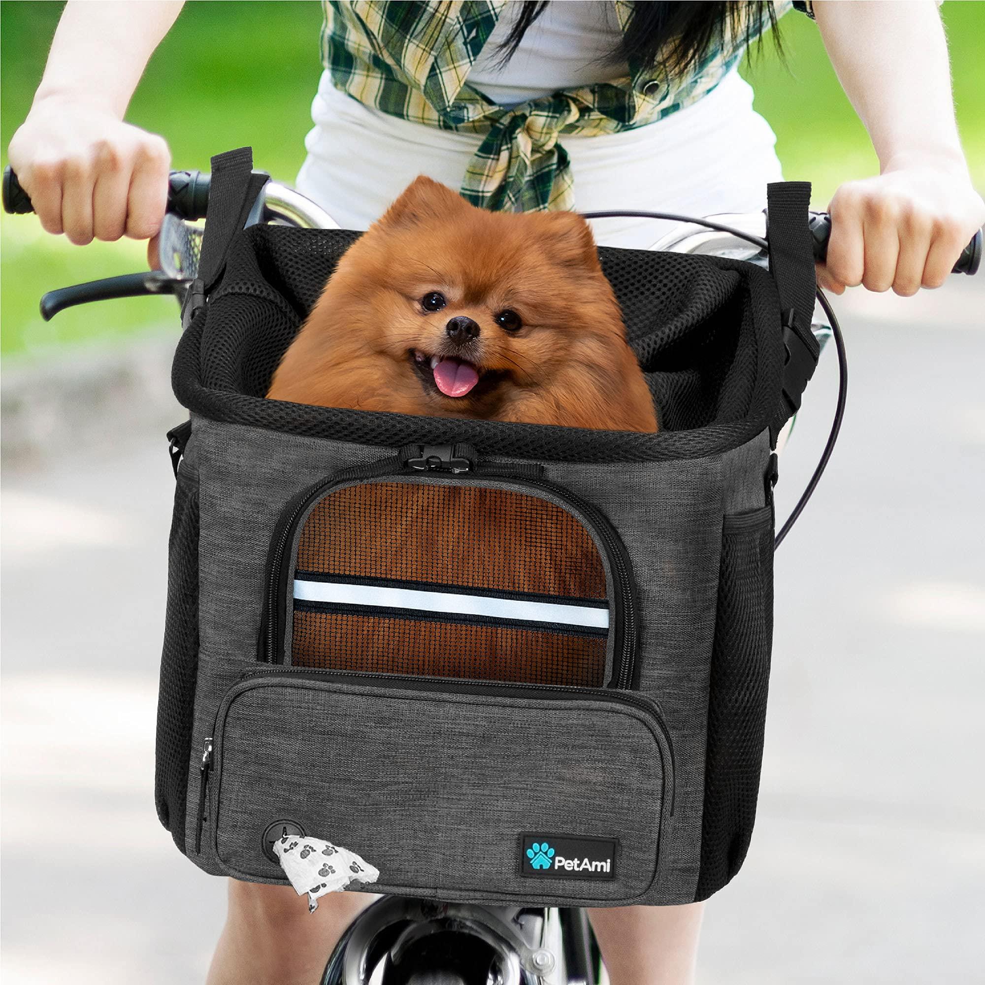 PetAmi Dog Bike Basket Carrier - Bicycle Basket for Dog Pet Bike Handlebar | Ventilated Pet Travel Backpack Car Booster Seat for Small Puppy Cat with Mesh Window, Sherpa Bed, Safety Strap (Dark Gray)