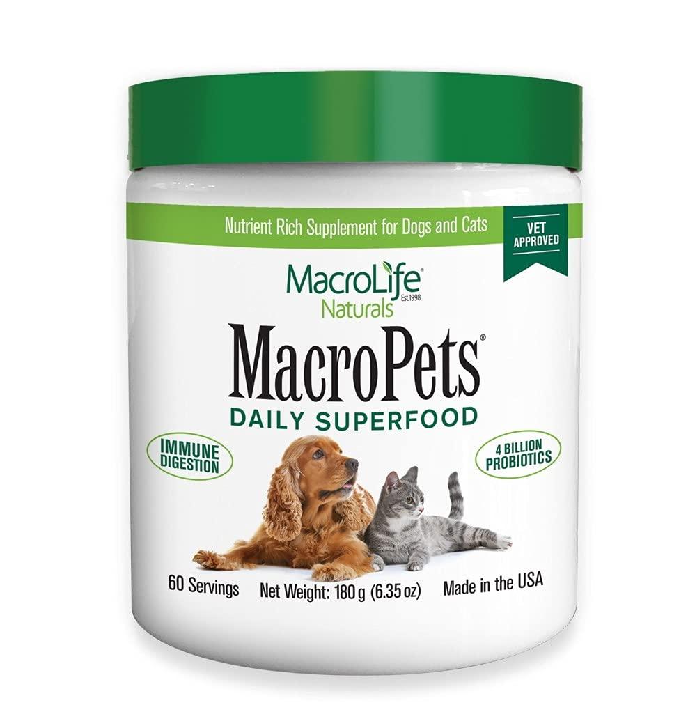 MacroLife Naturals MacroPets Supplement Greens Superfood Topper Dog, Cat, Small Mammal - Natural Nutrition Boost Probiotics, Digestive Enzymes, Vitamin E - Healthy Immune, Gut Flora & Energy - 6.35oz
