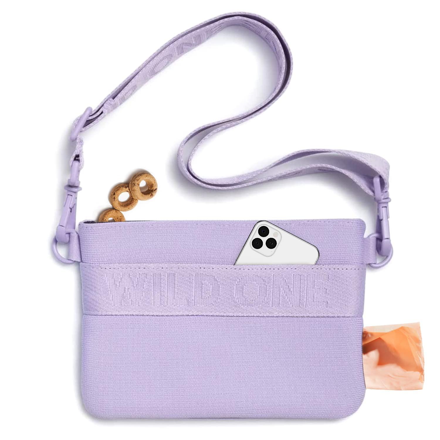 Wild One, Lilac Treat Pouch, Fanny Pack, Cross-Body Bag, wear Two Ways, Made from Recycled Knit, Poop Bag Dispenser, The Perfect Accessory for Dog Training, Purple