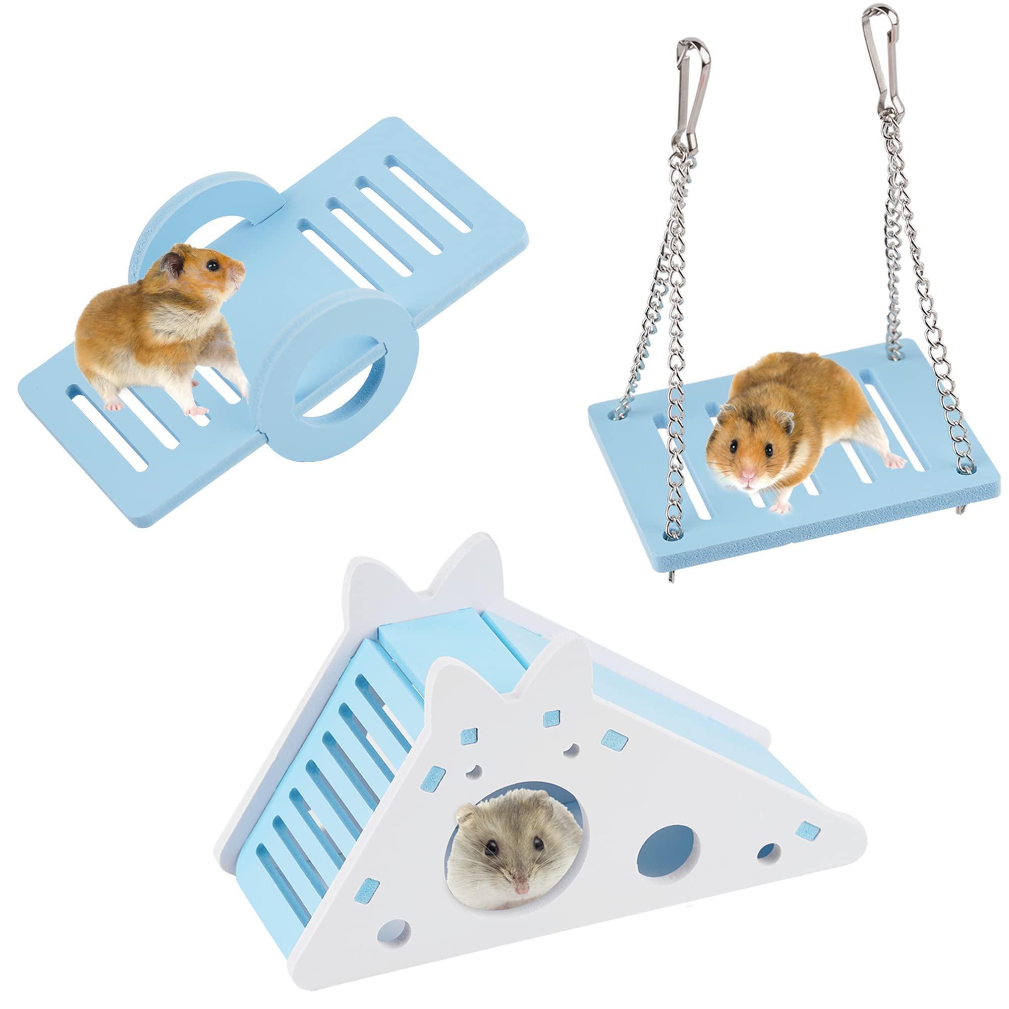 Kuaman 3 PCS Hamster Play Toys, Ecological Board Hamster House, Hamster Seesaw and Swing for Small Animals, Hamster DIY Cage Accessories for Climbing and Playing