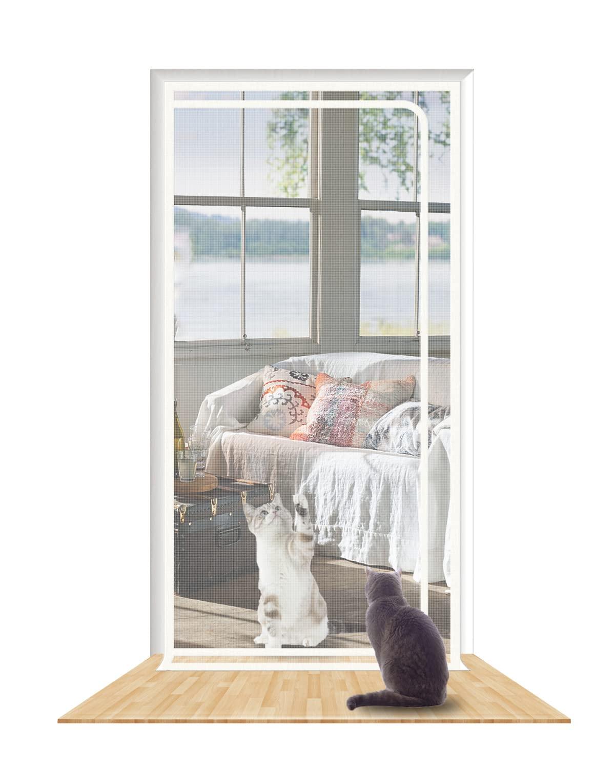 Shrrl Reinforced Cat Screen Door Fits Door Size 38X 83, Pet Resistant Mesh Screen Door, Pets Proof Zipper Screen Door For Living Room, Bedroom, Kitchen, Patio, Stop Cats Dogs Running Out