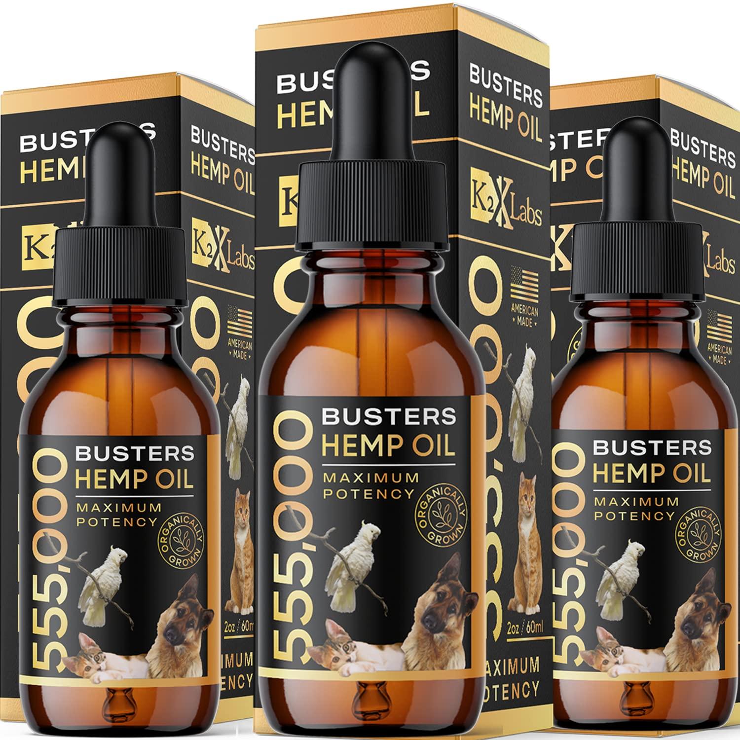 K2xLabs Buster's Organic Hemp Oil for Dogs and Pets, 555,000 Max Potency, Large 60ml Bottle, Made in USA - Miracle Formula, Perfectly Balanced Omega 3, 6, 9 - Relief for Joints, Calming (3Pack)