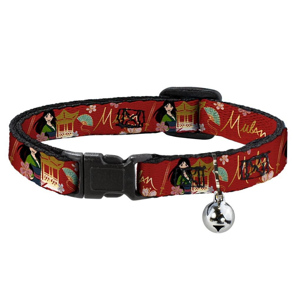 Buckle-Down Cat Collar Breakaway with Bell Mulan Gazebo Pose with Flowers and Script Red Golds 8.5 to 12 Inches 0.5 Inch Wide