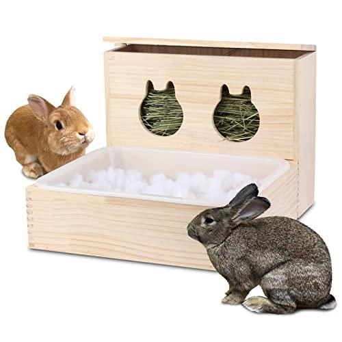 Mochidoki Rabbit Hay Feeder and Litter Pan Combo, Wooden Hay Feeder for Rabbit and Guinea Pig,Self Stand Feeding Manger for Rabbit and Guinea Pig,Large Hay Dispenser with Litter Box Toilet (Large)