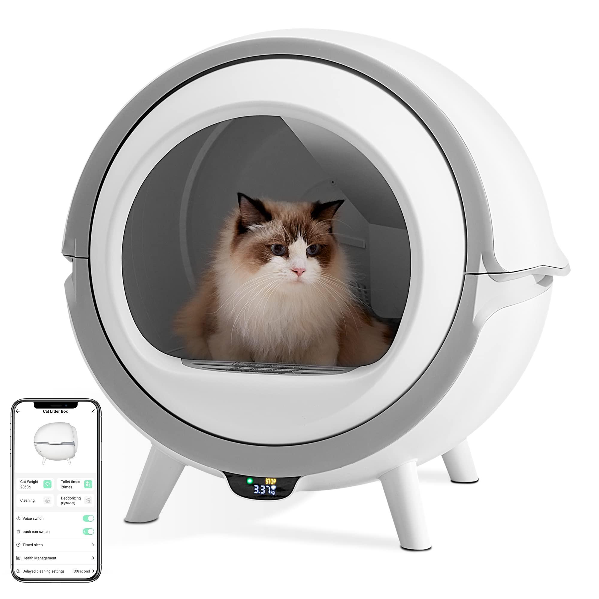 Self-Cleaning Cat Litter Box, FRAPOW No Scooping Automatic Cat Litter Box Safety Protection Extra Large Cabin Weight Sensor APP Control Timer Smart Cat Litter Box Washable Cleaning Cabin