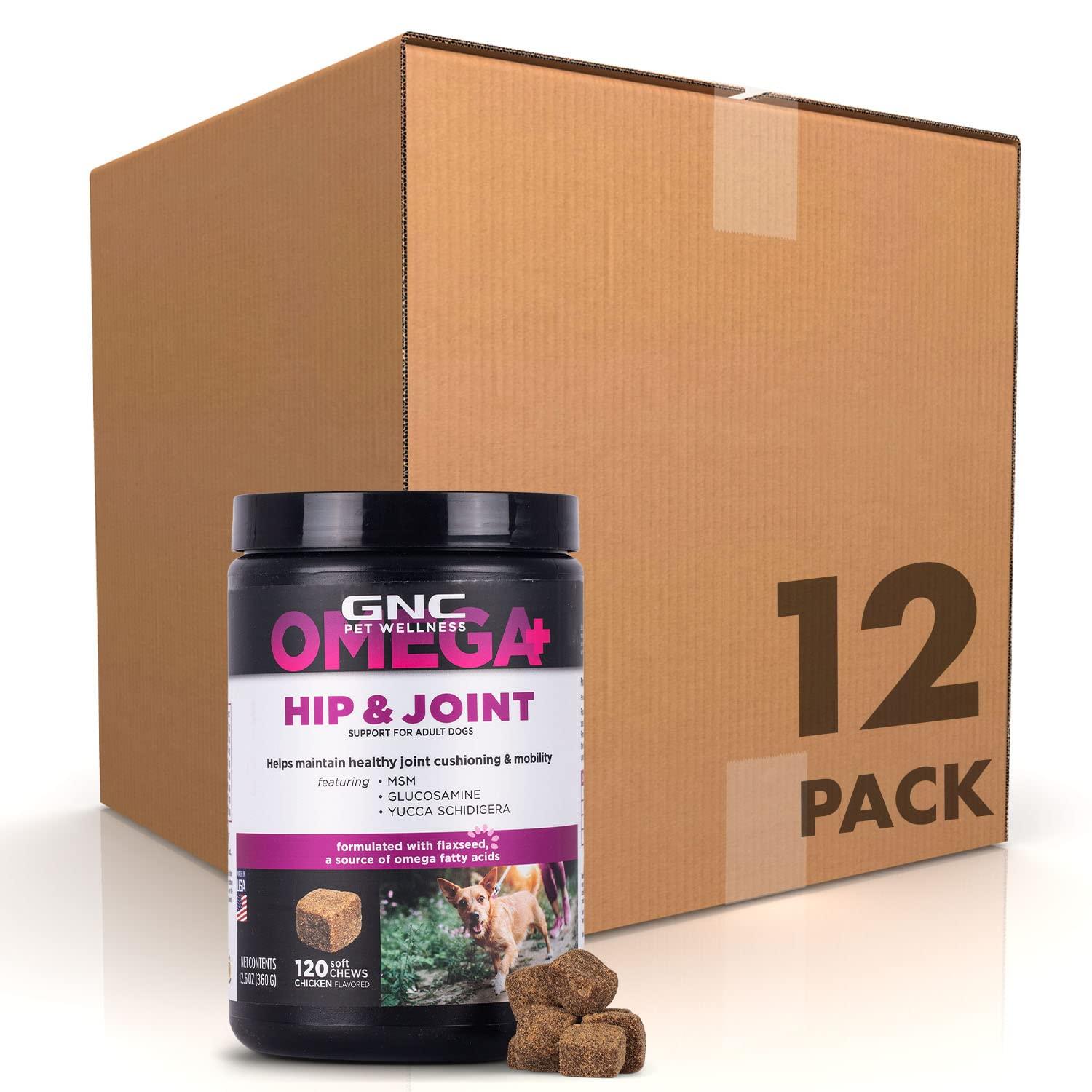 GNC Pets Omega Hip & Joint Dog Supplements for Adult Dogs Omega Fatty Acids & Flaxseed, 120 ct, 12 Pk | Chicken Soft Chew Hip and Joint Supplements MSM, Glucosamine, & Yucca Schidigera (FF15435PCS12)
