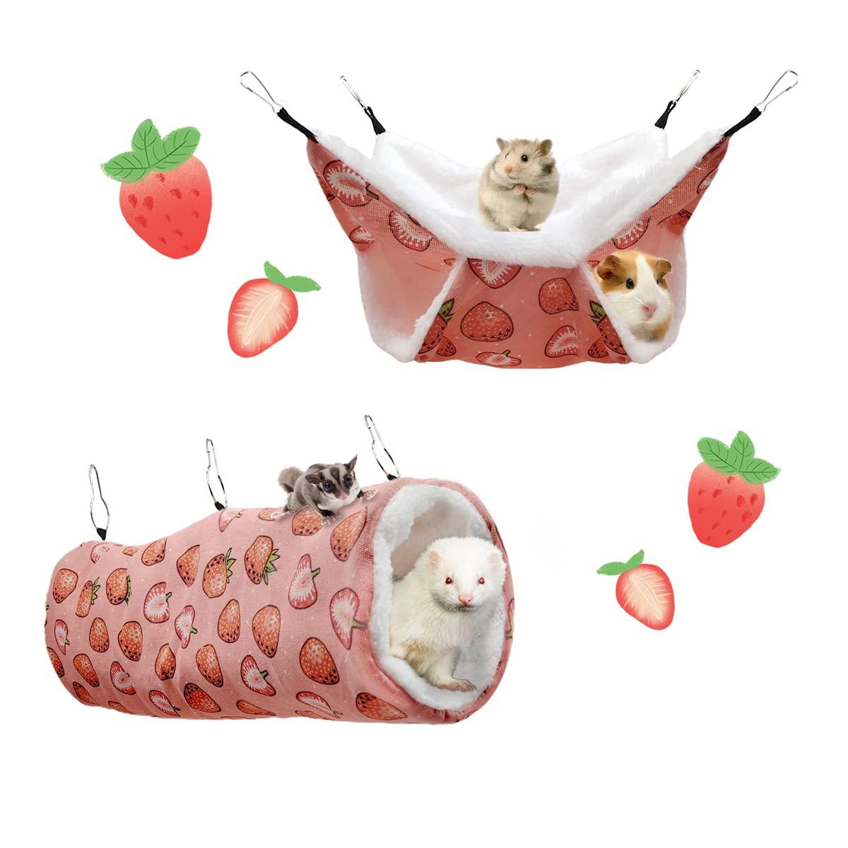 LEFTSTARER Pet Small Animal Hanging Hammock Ferret Bunkbed Hammock Cage Toy for Hamster Rat Sugar Glider Parrot Guinea Pig Hideout Play Sleep (Strawberry Hammock and Tunnel)