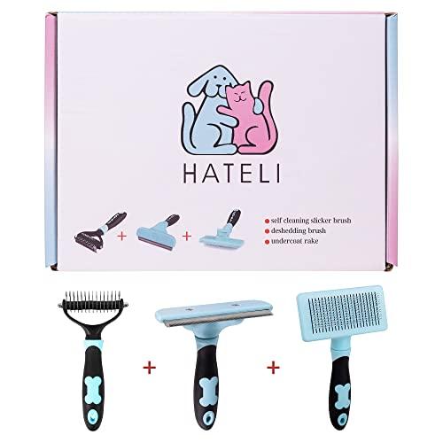 HATELI Self Cleaning Slicker Brush for Cat & Dog - Cat Grooming Brushes for Shedding Removes Mats, Tangles and Loose Hair Suitable Cat Brush for Long & Short Hair (3 brush sets)