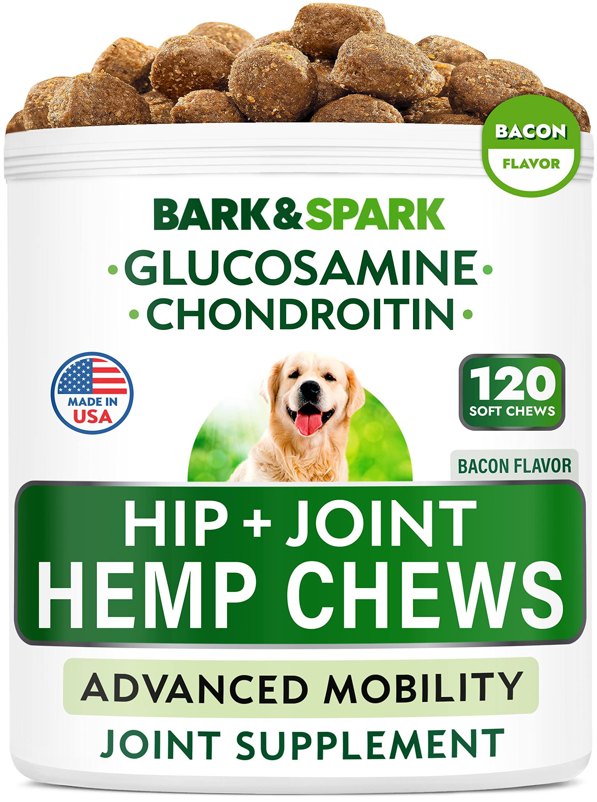BARK&SPARK Hemp Treats + Glucosamine - Natural Joint Pain Relief - Hip & Joint Supplement w/MSM + Chondroitin + Hemp Oil + Omega 3 - Joint Pain Relief - Made in USA - Bacon Flavor - 120 Chews