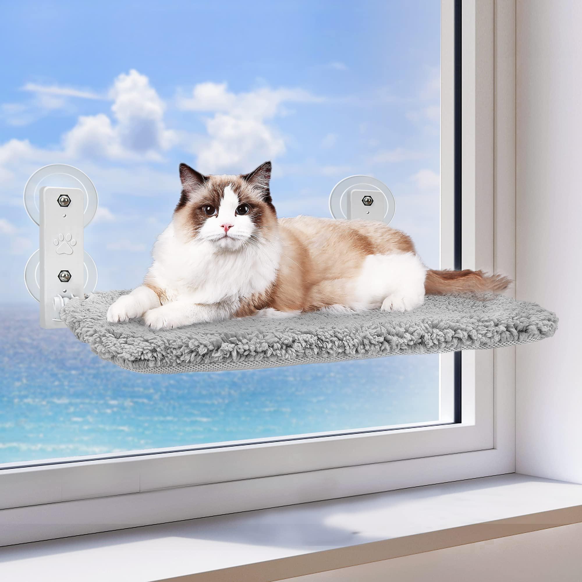 Zoratoo Cordless Foldable Cat Window Perch With Metal Frame And Reversible Cover For Indoor Cats, Two Types Of Installation Cat Hammock With Anchorsscrews For Wall And 4 Suction Cups For Window(L)