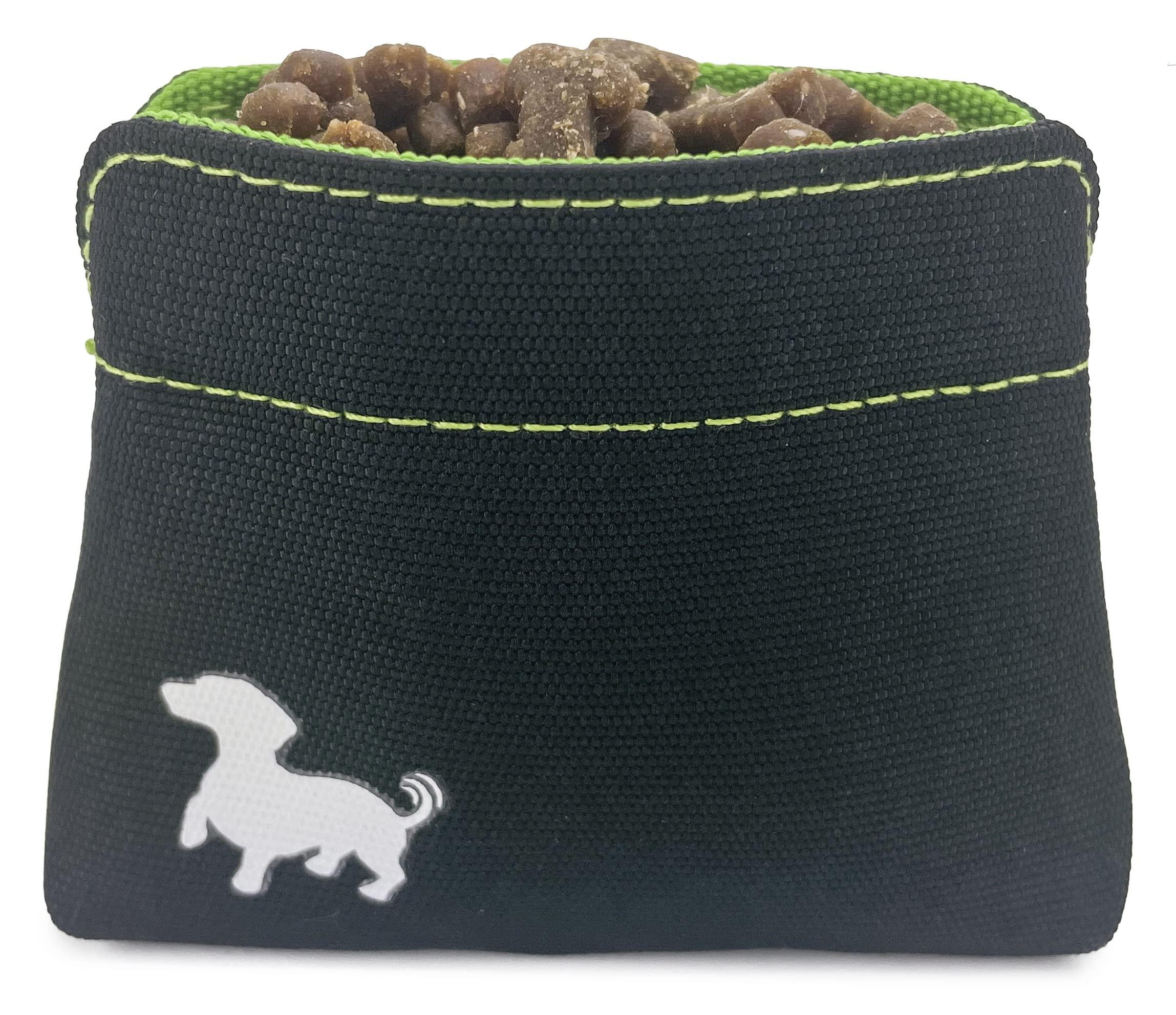 Swaggly Pocket Sized Dog Treat Pouch - Treat Pouches for Pet Training - Dog Treat Pouch Magnetic Closure - Dog Walking Accessories - Black with Green Interior