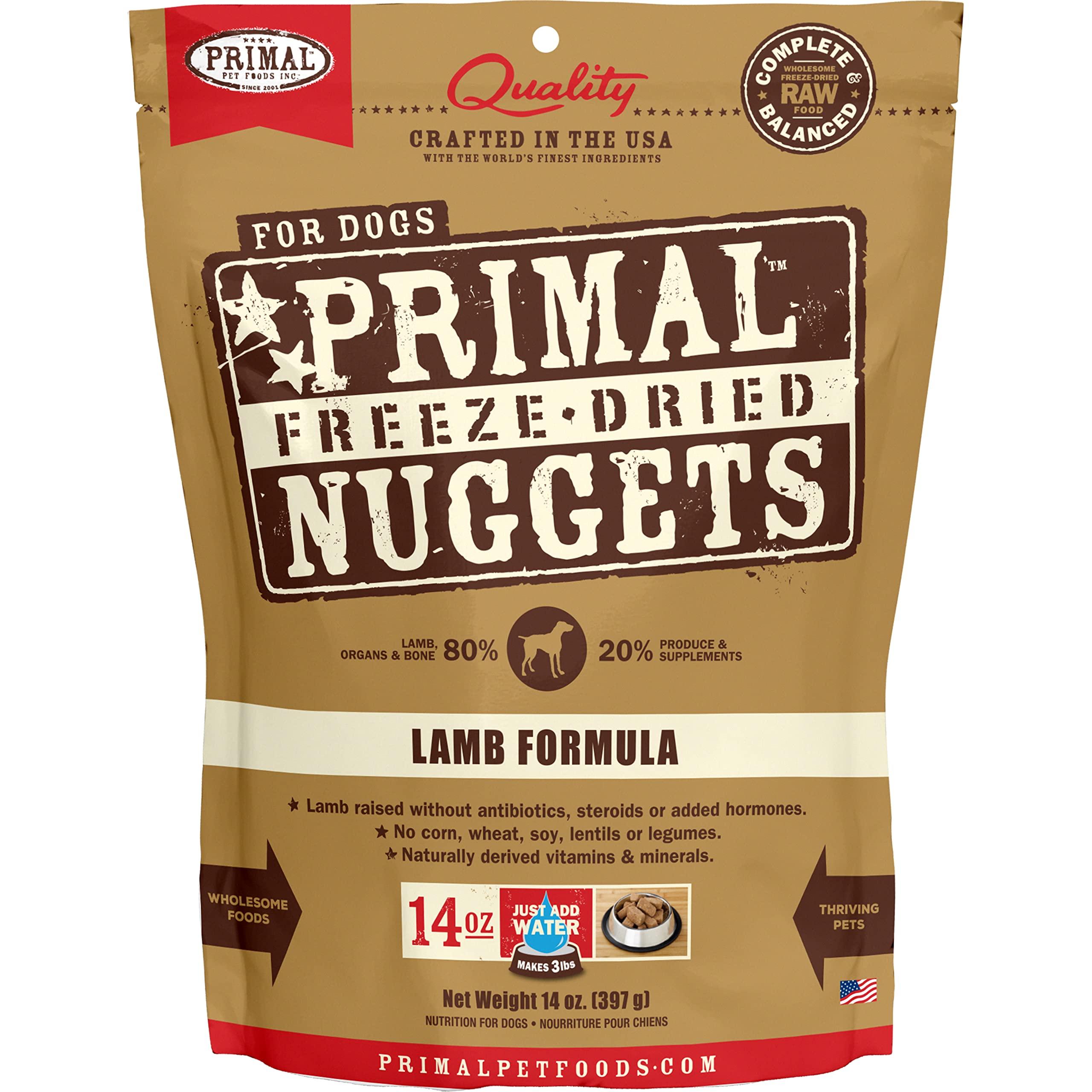 Primal Freeze Dried Dog Food Nuggets Lamb 14 oz (2-Pack), Complete & Balanced Scoop & Serve Healthy Grain Free Raw Dog Food, Crafted in The USA