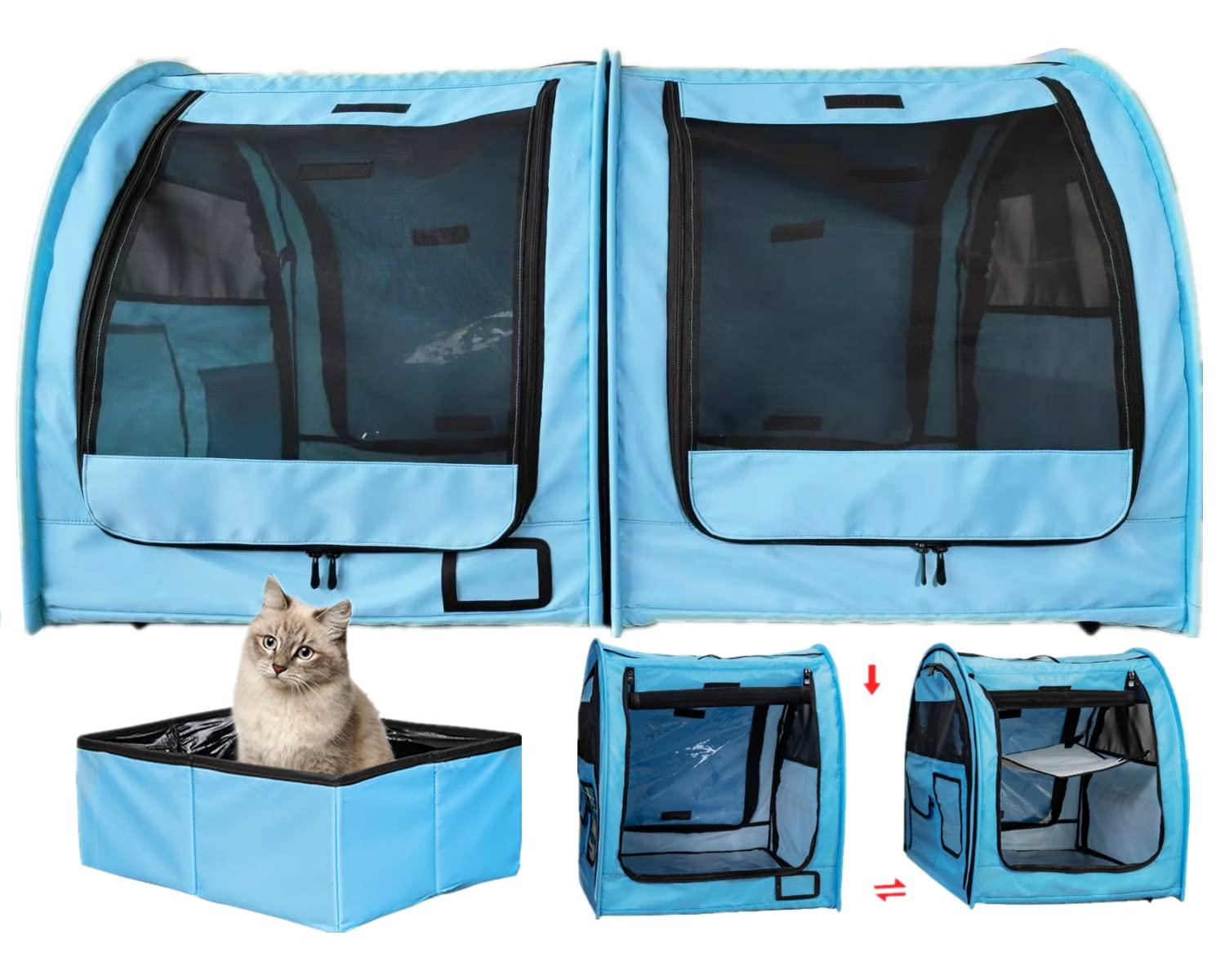 Totoro ball Double Cat Carrier for 2 Cats Portable Soft-Sided cat Travel Carrier with Litter Box Pet Kennel Show Cages Quick Fold with Portable Carry Bag & Hammock & Mats (Separable, Blue)