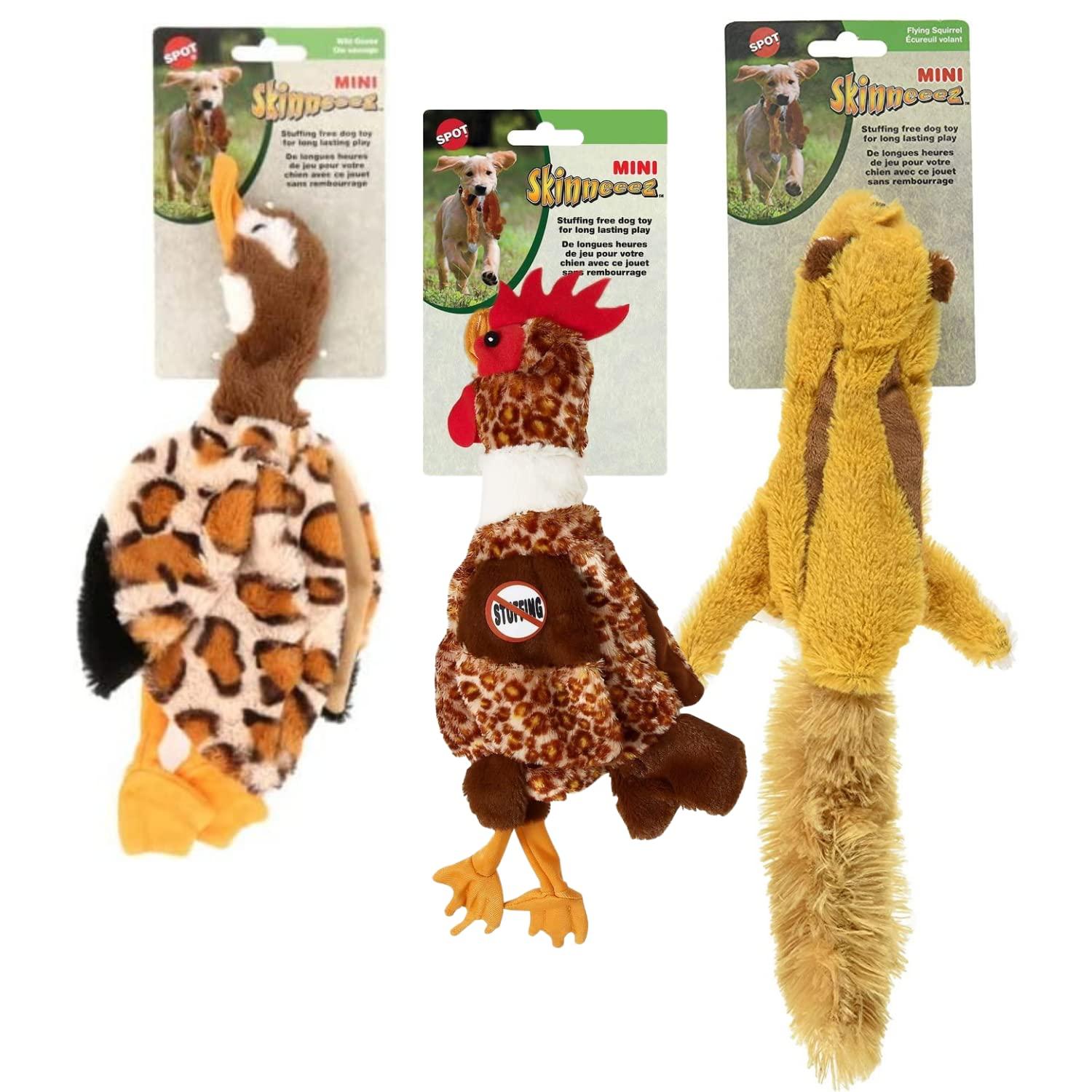 SPOT Skinneeez by Ethical Products - No Stuffing Dog Toy Chicken, Goose & Flying Squirrel Bundle - Flat Dog Toys - Tug Of War - Squeaky Toys - Long Lasting Animal Pelts For Aggressive Chewers (3 Pack)