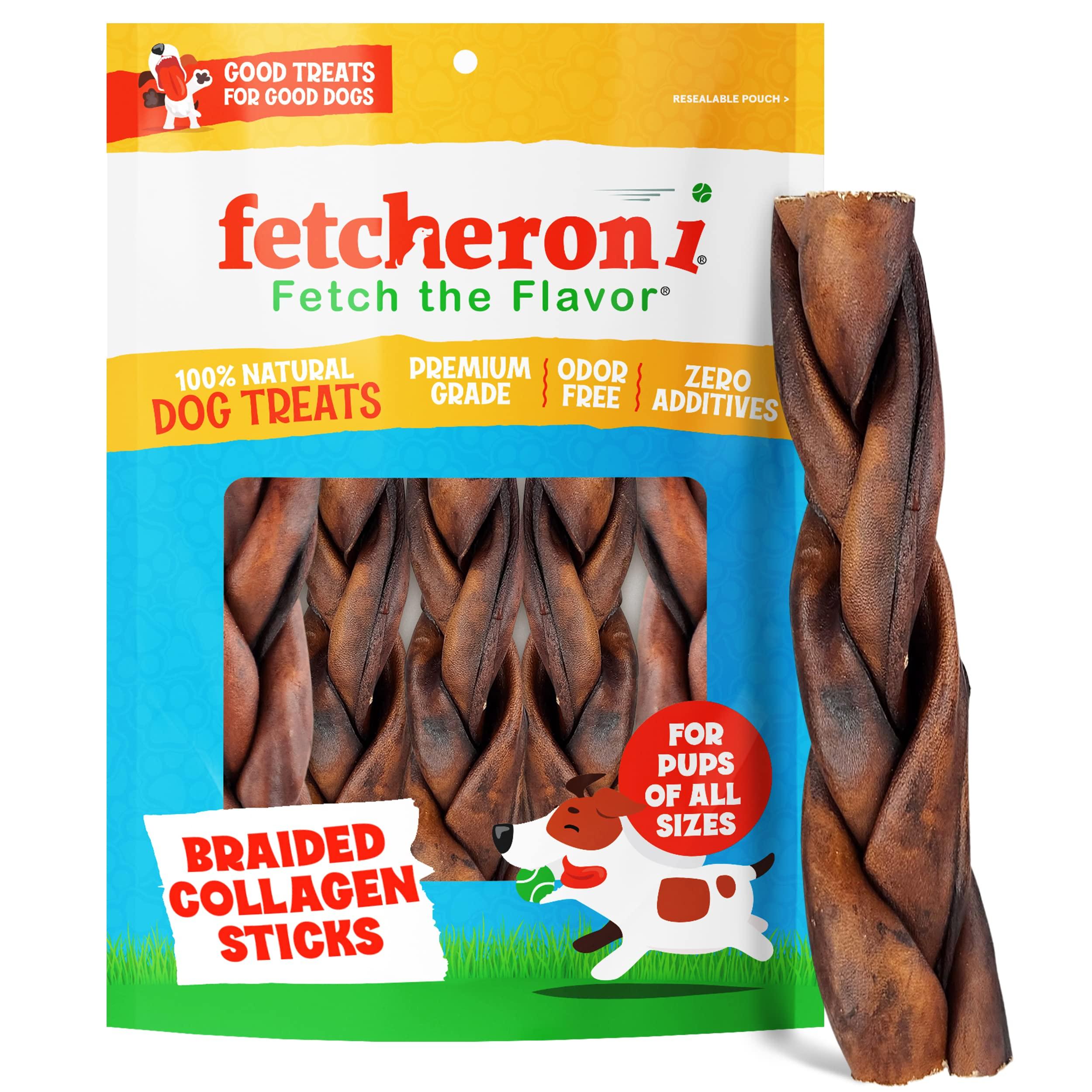 FETCHERONI Collagen Sticks for Dogs - Bully Sticks and Rawhide Alternative Treats, Long Lasting Dog Chews 6-inch Natural Braided Collagen for Dogs - 5-Pcs Pack Dog Dental Treats W/Beef Collagen