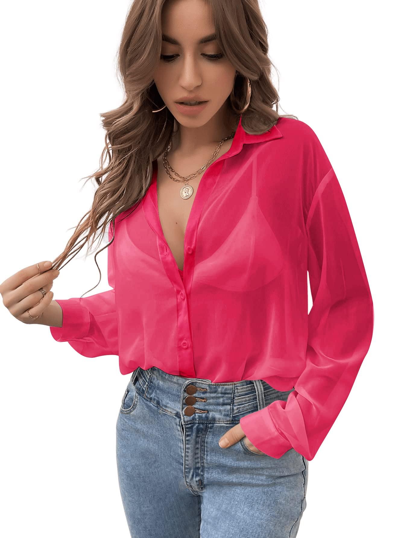 Verdusa Womens Sheer Mesh Button Down Shirt Top Long Sleeve Drop Shoulder Blouse Hot Pink M