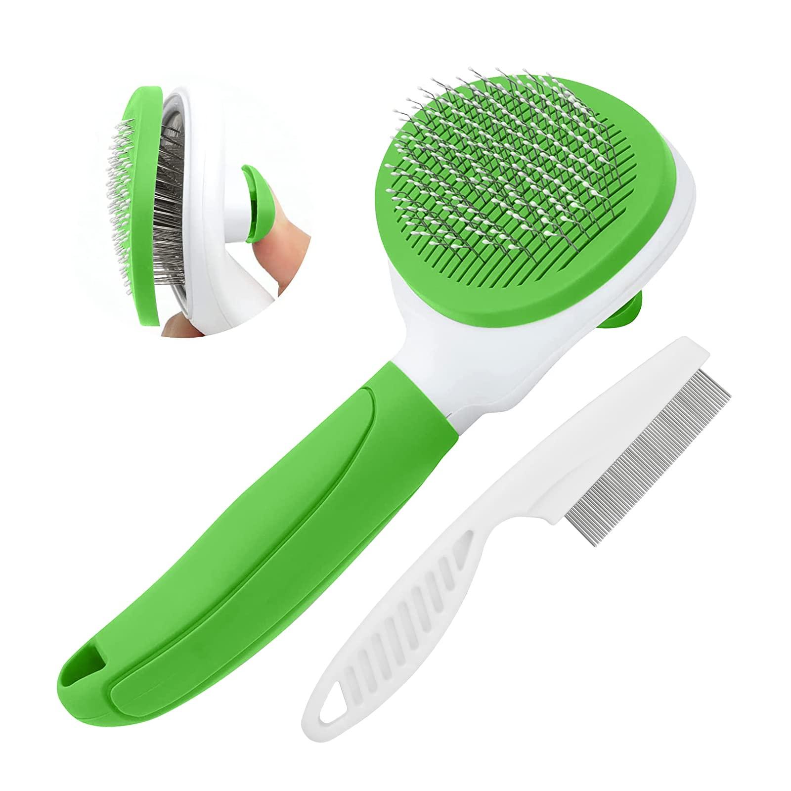 Cat Brush for Shedding and Grooming, Pet Self Cleaning Slicker Brush with Cat Hair Comb(Green)
