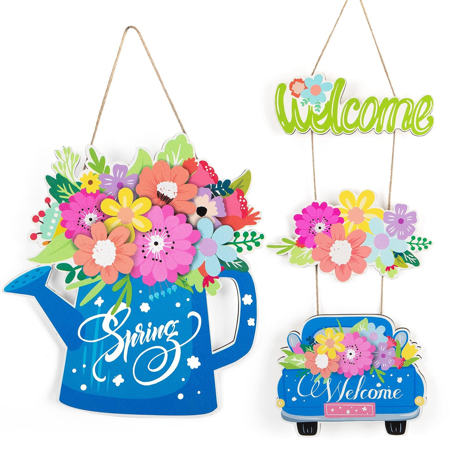 Sophena 2 Pieces Spring Decorations Welcome Door Hanger Sign For Front Door Hello Spring Home Sign, Blue Watering Can Truck Flower Wooden Sign Wall Art Decor For Indoor Outdoor Home Yard Farmhouse